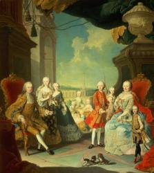 Maria Theresa and her Husband at the staircase leading from the Great Hall of Schloss Schonbrunn into the large courtyard, with their children Joseph II, Karl, Leopold II, Ferdinand, Mariana, Elizabeth, Christina, Amalia, Johanna and Josepha | Obraz na stenu