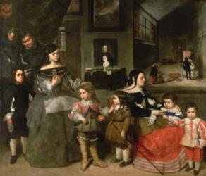 The Artist's Family, on the left the four children from the artist's first marriage to the daughter of Diego Velasquez, Gaspar, Melchior, Baltasar and Maria Teresa; on the right his second wife Francisca de la Vega with her four children, Jose Antonio, Lu | Obraz na stenu
