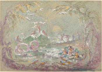 Lake Scene with Fairies and Swans (watercolour and gouache over black chalk on blue-green board | Obraz na stenu