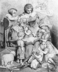 Grandmother telling a story to her grandchildren, illustrated title page from 'Les contes de Perrault', engraved by Pannemaker, published by J.Hetzel, 1862 (etching) (b/w photo) | Obraz na stenu
