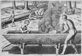 Indians Making Canoes, from 'Admiranda Narratio', engraved by Theodor de Bry (1528-1598) 1590 (engraving) | Obraz na stenu