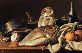 Still Life of fishes, oranges and garlic (oil on panel) | Obraz na stenu