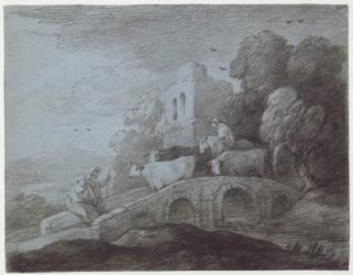 Wooded Landscape with Herdsman Driving Cattle (etching on paper) | Obraz na stenu