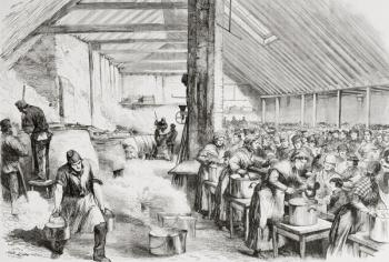 A soup kichen serving food to the poor in Spitalfields, London, England in the 1860's. From L'Univers Illustre published in Paris in the 1868. | Obraz na stenu
