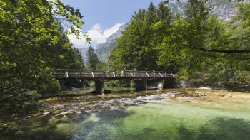 Visitors crossing bridge over the Sava Bohinjka river, on the edge of the Triglav National Park, Upper Carniola, Slovenia. (photo) | Obraz na stenu