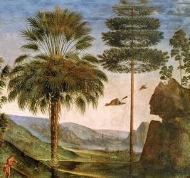Man leaning on a staff, birds flying, trees, rocks, a lake and a distant city with spires, detail from 'The Journey of Moses', c.1481-3 (fresco) (detail of 218710) | Obraz na stenu