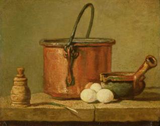 Still Life of Cooking Utensils, Cauldron, Frying Pan and Eggs (oil on canvas) | Obraz na stenu
