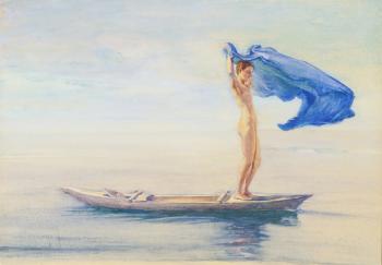 Girl in Bow of Canoe Spreading Out Her Loin-Cloth for a Sail, Samoa, c.1895-96 (w/c & gouache on board) | Obraz na stenu