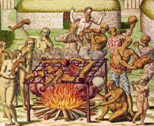 Scene of cannibalism, from 'Americae Tertia Pars...', 1592 (colour engraving) | Obraz na stenu
