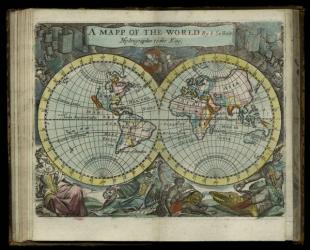 A map of the world from Atlas maritimus by John Seller, 1682 (hand coloured engraving) | Obraz na stenu