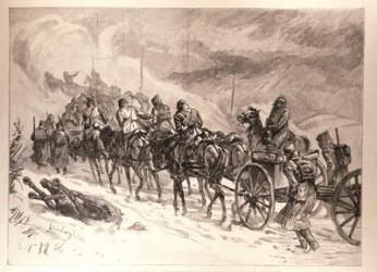 The War Between Servia and Bulgaria: Servian Artillery Crossing the Ploca Mountains in a Snowstorm, from a sketch by J. Schonberg, from 'The Illustrated London News', 16th January 1886 (engraving) | Obraz na stenu