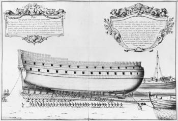Profile of a vessel getting ready to launch, illustration from the 'Atlas de Colbert', plate 29 (pencil & w/c on paper) (b/w photo) | Obraz na stenu