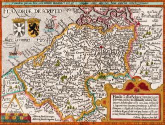 Map of Flanders, after cartographer Matthias Quad from his 'Fasciculus Geographicus', later hand colouring (coloured engraving) | Obraz na stenu