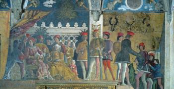 Marchese Ludovico Gonzaga III, his wife Barbara of Brandenburg, their children, courtiers and their dog Rubino, from the Camera degli Sposi or Camera Picta, 1465-74 (fresco) | Obraz na stenu