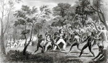 Attack of the Natives of Gambier Islands, engraved by Edward Finden, 1831 (engraving) (b/w photo) | Obraz na stenu