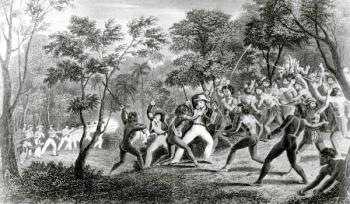 Attack of the Natives of Gambier Islands, engraved by Edward Finden, 1831 (engraving) (b/w photo) | Obraz na stenu