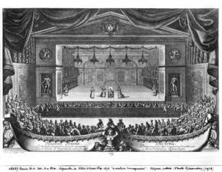 The Third Day, from 'La Malade Imaginaire' by Moliere (1622-73) performed in the garden at Versailles, 1676 (engraving) (b/w photo) | Obraz na stenu