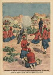 Moroccan artillerymen using cannons under the command of French instructors, illustration from 'Le Petit Journal', supplement illustre, 26th March 1911 (colour litho) | Obraz na stenu