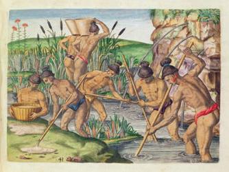 How the Indians Collect Gold from the Streams, from 'Brevis Narratio..', engraved by Theodore de Bry (1528-98) published in Frankfurt, 1591 (coloured engraving) | Obraz na stenu
