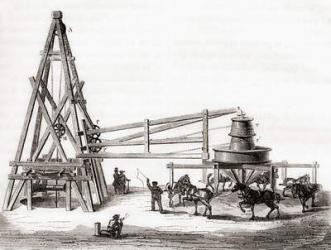 Workers using the carousel and winch to drill the artesian wells at Grenelle, France in the 19th century, from 'Les Merveilles de la Science', published c.1870 (engraving) | Obraz na stenu