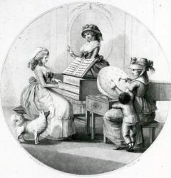 Morning Employments, Three Young Girls with Spinet and Embroidering (engraving) | Obraz na stenu