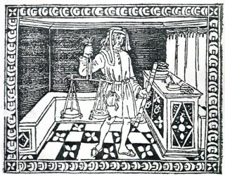 Money Changer, illustration from 'Libro di Givocho di Scacchi' by Jacobus de Cessolis, 1493 (woodcut) (b/w photo) | Obraz na stenu