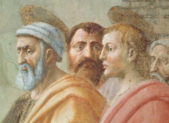 St. Peter Distributing the Common Goods of the Church, and the Death of Ananias: detail of faces, including St. Peter, c.1427 (fresco) | Obraz na stenu