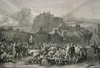 A Crowd Queues to Sign the National Covenant in front of Greyfriar's Churchyard, Edinburgh in 1638, from 'Scottish Pictures' published by the Religious Tract Society, 1886 (engraving) | Obraz na stenu