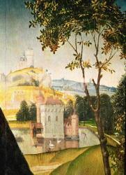 Landscape with castle in a moat and two swans, 1460-66 (oil on panel) (detail of 344036) | Obraz na stenu