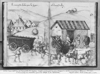 Silver mine of La Croix-aux-Mines, Lorraine, fol.5v and fol.6r, transporting and delivering coal for the forges, c.1530 (pen & ink & w/c on paper) (b/w photo) | Obraz na stenu