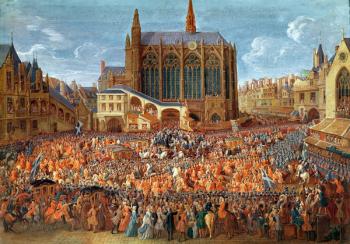 The Departure of Louis XV (1710-74) from Sainte-Chapelle after the 'lit de justice' which ended the reign of Louis XIV (1638-1715) 12th September 1715, 1735 (gouache on paper) (see also 162641) | Obraz na stenu