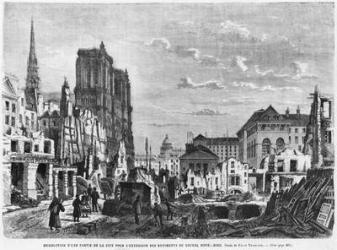 Paris, demolition of a part of the Cite to extend the buildings of the new Hotel-Dieu, engraved by Charles Barbant (d.1922) (engraving) (b/w photo) | Obraz na stenu