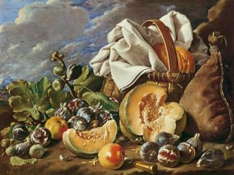 Still Life with figs, wicker basket, pumpkin, bread, wine skin and knife (oil on canvas) | Obraz na stenu