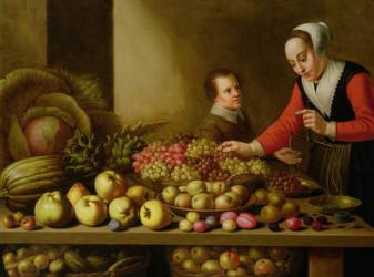 Girl selling grapes from a large table laden with fruit and vegetables | Obraz na stenu
