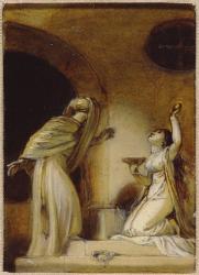 Kneeling female figure with a cup, illustration for an Eastern Romance, possibly 'The Arabian Nights' (oil on paper on board) | Obraz na stenu