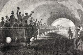 Trial run of train in London Underground in 1862, from 'The Universal Museum', published 1862 (engraving) | Obraz na stenu