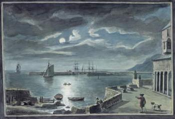 The Harbour and the Cobb, Lyme Regis, Dorset, by Moonlight (w/c on paper) | Obraz na stenu