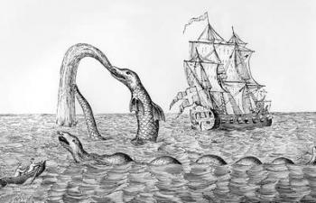 The Sea Serpent, facsimile of an engraving of Pontoppidan's, illustration from John Gibson's 'Monsters of the Sea', 1887 (engraving) (b&w photo) | Obraz na stenu