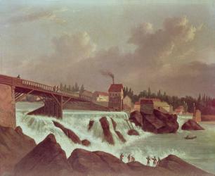 The first cotton mill in America, established by Samuel Slater on the Blackstone River at Pawtucket, Rhode Island, c.1790 (oil on canvas) | Obraz na stenu