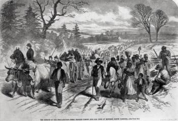 The Effects of the Proclamation: Freed Negroes Coming into Our Lines at Newbern, North Carolina, from 'Harper's Weekly', 1863 (engraving) (b&w photo) | Obraz na stenu