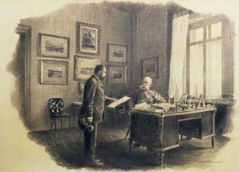 Emperor Franz Joseph I of Austria (1830-1916) at his writing desk at Jagdrock (pencil) | Obraz na stenu
