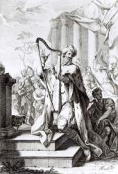 King David Playing the Lyre, engraved by A Faldanus (engraving) (b/w photo) | Obraz na stenu