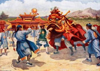 A Chinese death ceremony involving men dressed as a dragon which tries to devour an golden orb representing the sun. Near Tientsin, China in the 19th century. From Customs of The World, published circa 1913 | Obraz na stenu
