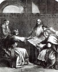King John (1167-1216) refusing to sign Magna Charta when first presented to him, 1215 (engraving) (b&w photo) | Obraz na stenu