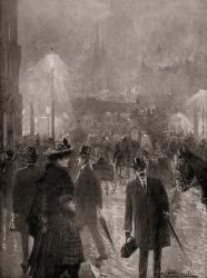 Thick fog at Ludgate Circus, London, England, in the late 19th century. Pea soup, or a pea souper, aka black fog, killer fog or smog was a very thick and often yellowish, greenish, or blackish fog caused by air pollution that contained soot particulates a | Obraz na stenu