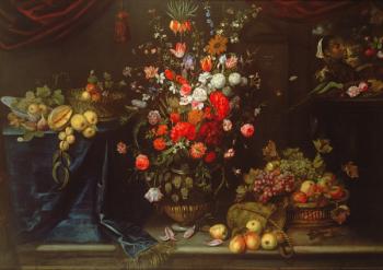 A still life of summer flowers in a sculpted urn (oil on canvas) | Obraz na stenu