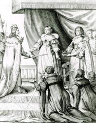 Charles I being given the sceptre and crown (engraving) (b/w photo) | Obraz na stenu