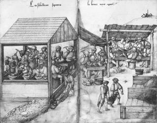 Silver mine of La Croix-aux-Mines, Lorraine, fol.15v and fol.16r, miners sorting the ore out, c.1530 (pen & ink & w/c on paper) (b/w photo) | Obraz na stenu