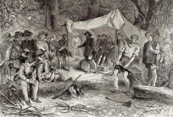 The First Day at Jamestown, 14th May 1607, from 'The Romance and Tragedy of Pioneer Life' by Augustus L. Mason, 1883 (engraving) (b&w photo) | Obraz na stenu