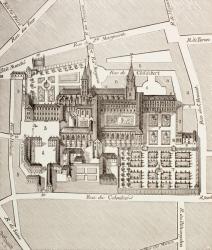North view of the Benedictine Abbey of St. Germain-des-Pres, Paris, as it existed in the 17th century, from 'Military and Religious Life in the Middle Ages' by Paul Lacroix, published London c.1880 (litho) | Obraz na stenu
